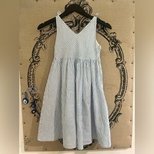 Girls, blue and white stripe, bow shoulder swing dress